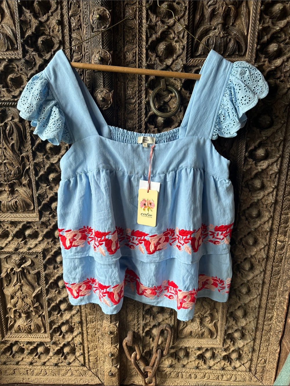 entro Light Blue Tank with Red Floral Embroidery